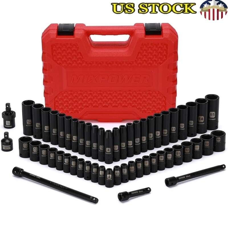 55 Pc 1/4″ Drive Impact Socket Set CRV Steel SAE Metric Extension Adapter Black