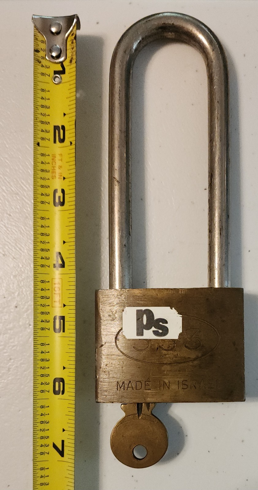 Vintage 333 Long Shackle Brass Padlock Made In Israel with Key 1.1 lb