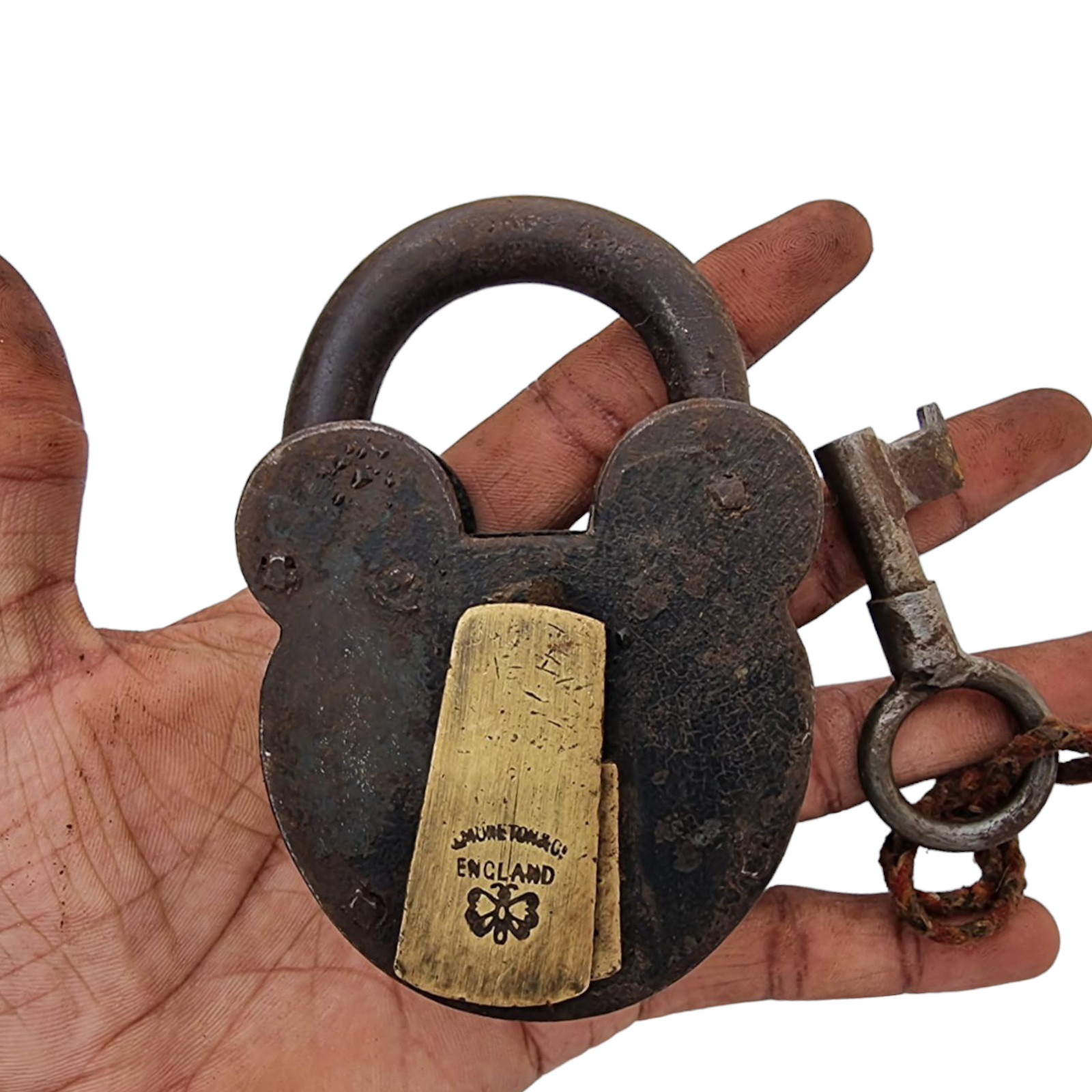 1900’s Old Antique Strong Solid Iron & Brass Rare Unique Shape Lock , England
