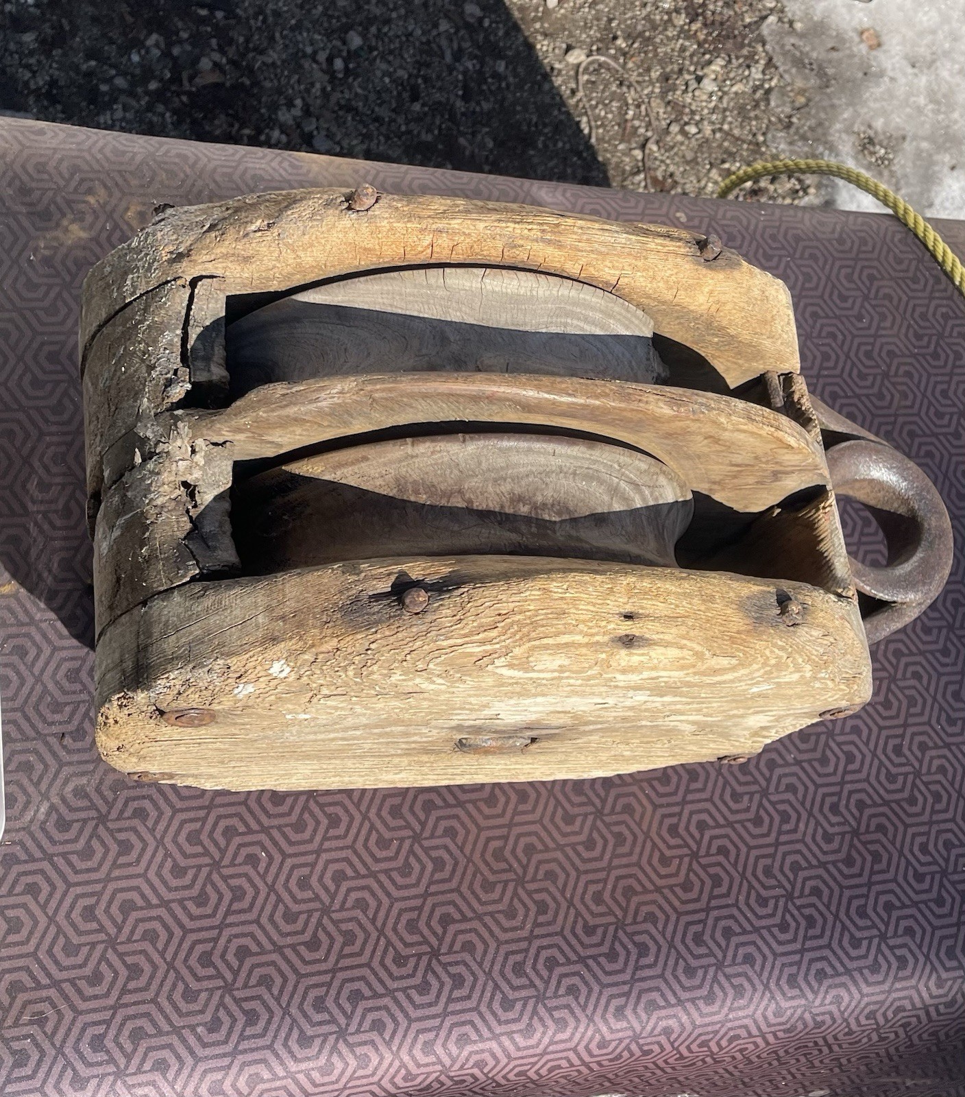 GIANT Antique Pulley Cast Iron lignum Vitae Wood Block Tackle 19” Large 50 Lb