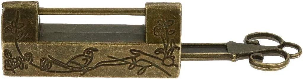 Antique Chinese Lock Key Flower Bird Carved Retro Bronze Padlock Jewelry Box