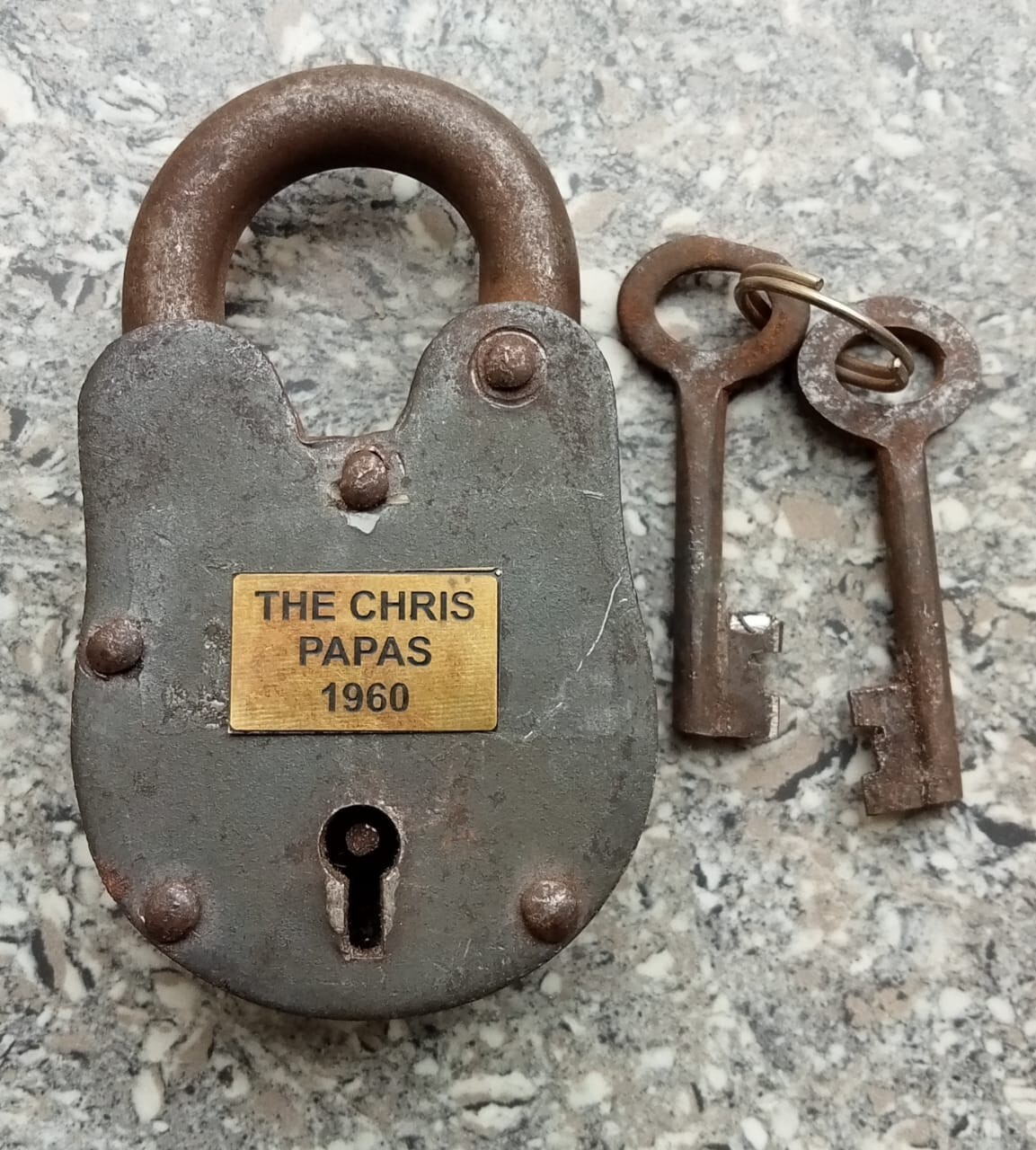 Old Padlock Key Set , With Brass Logo The Chris Papas 1960 Blacksmith Heavy Lock
