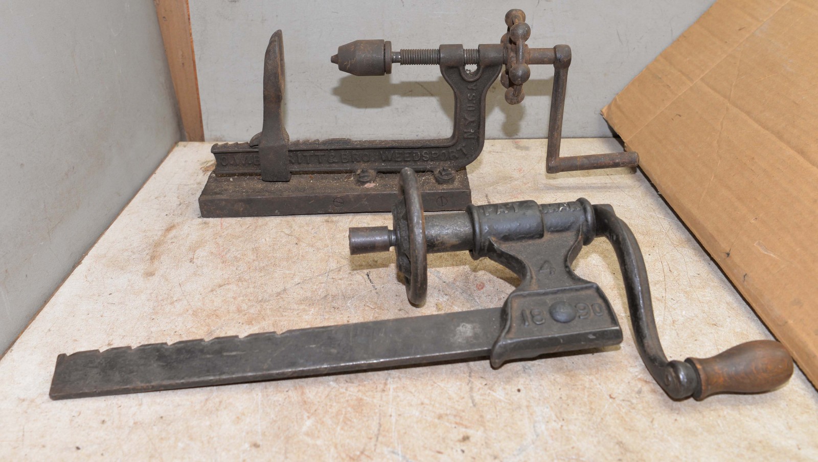 2 antique blacksmith drill press patented 1890 & Burritt NY collectible tool lot