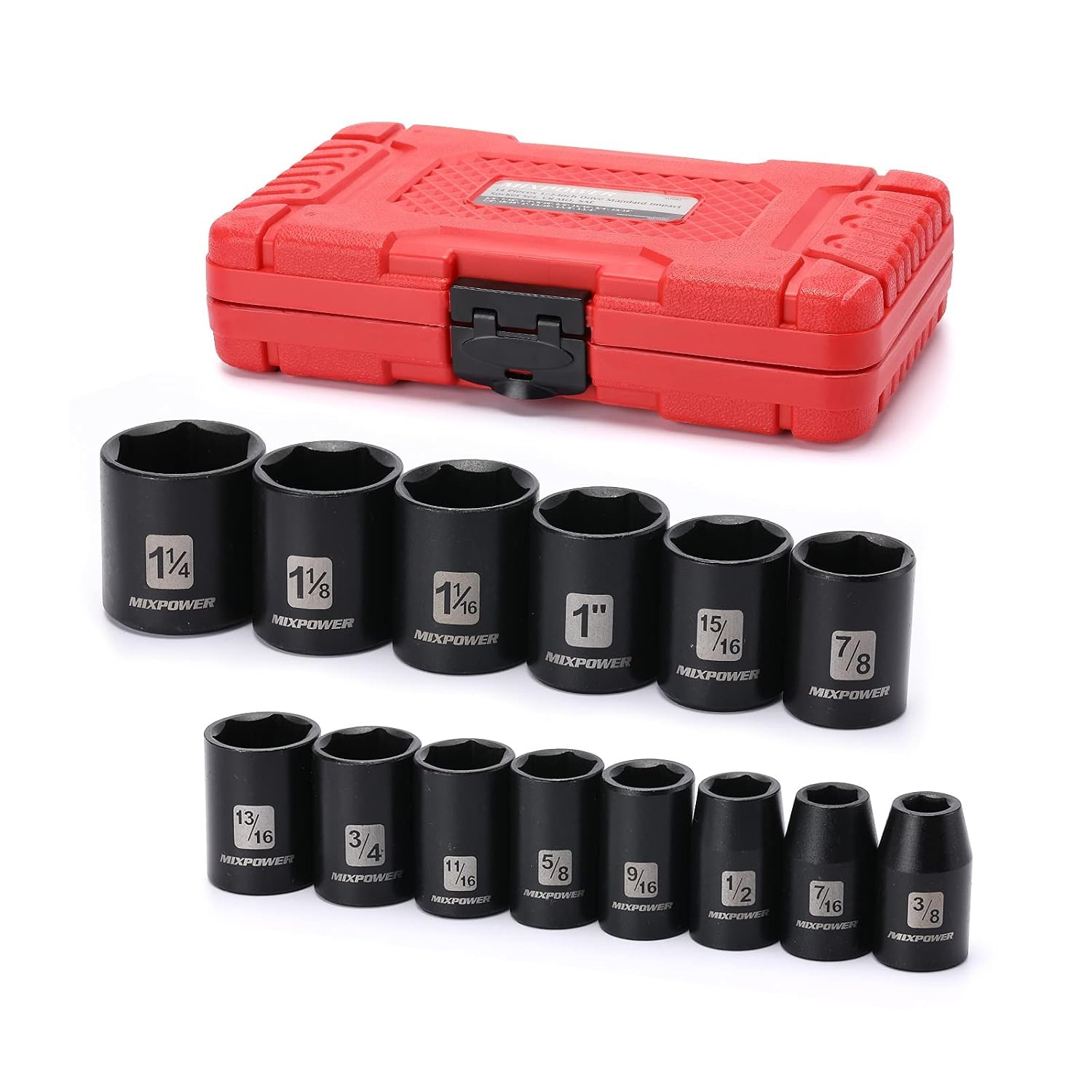 1/2 Inch Drive 14 Piece CRV Shallow Impact Socket Set 3/8 to 1 1/4 Inch