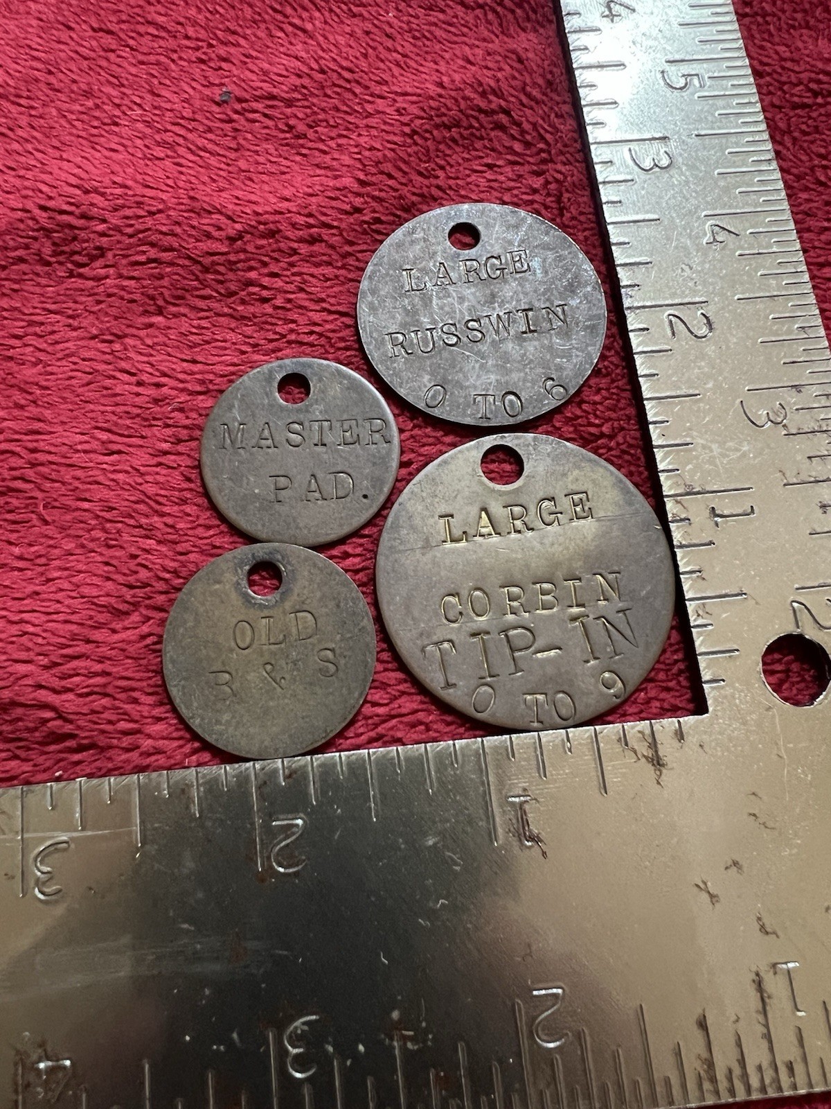 Vintage Padlock ID Tags, Lot of 5, Russwin/Corbin/Master/B&S.