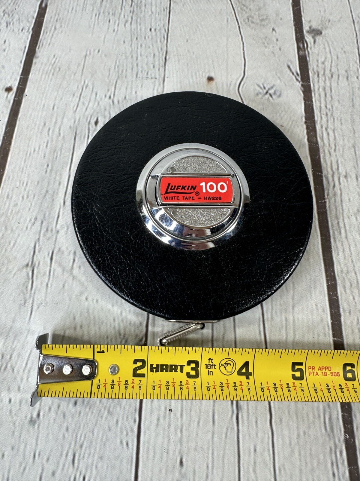 VINTAGE LUFKIN 100 ft White Steel Tape Measure Black Leather Case HW226 USA VGC!