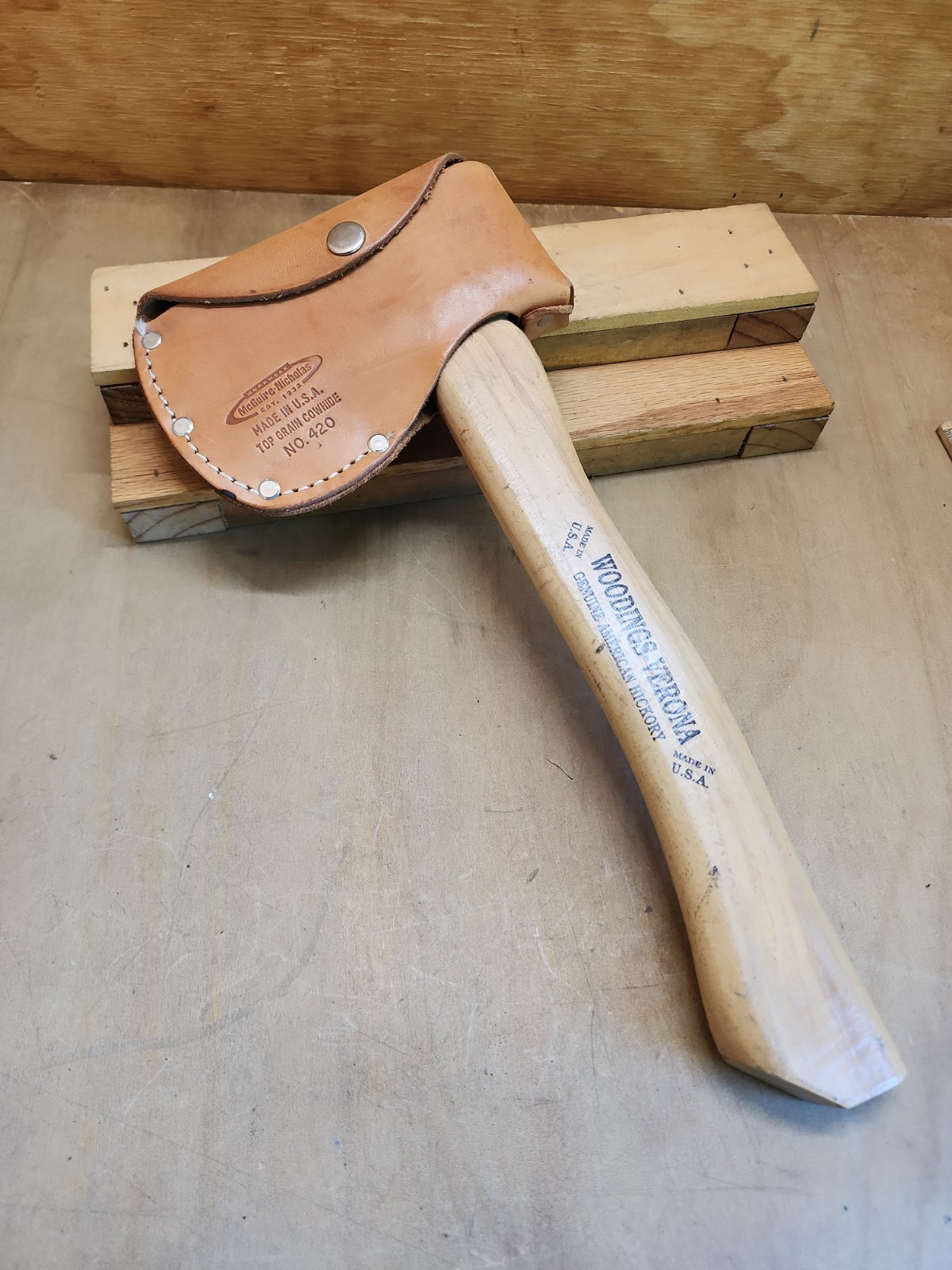 VINTAGE WOODINGS-VERONA HATCHET AXE TOOL STAMPED US 01 w/McGuire Nicholas Sheath