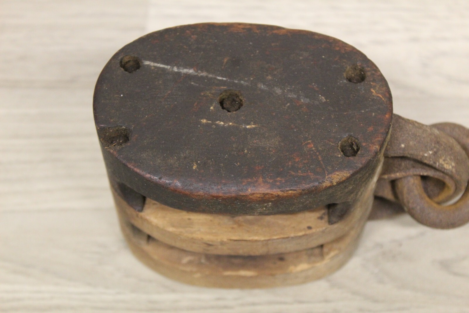 Antique/Vintage Wood Pulley Block 2 Sheave Brand Illegible Very Solid