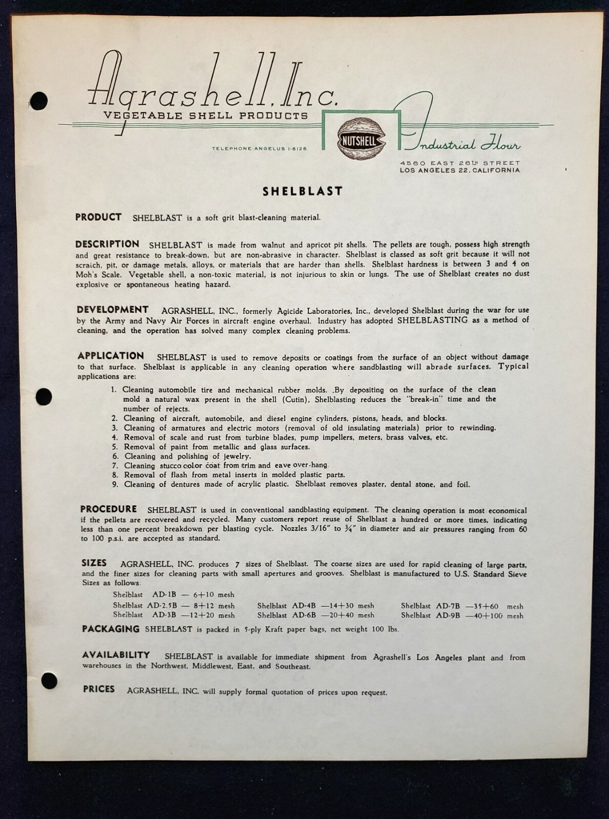 SHELBLAST Agrashell Inc. Vegetable (NUT) Shell Los Angeles California 1950s!