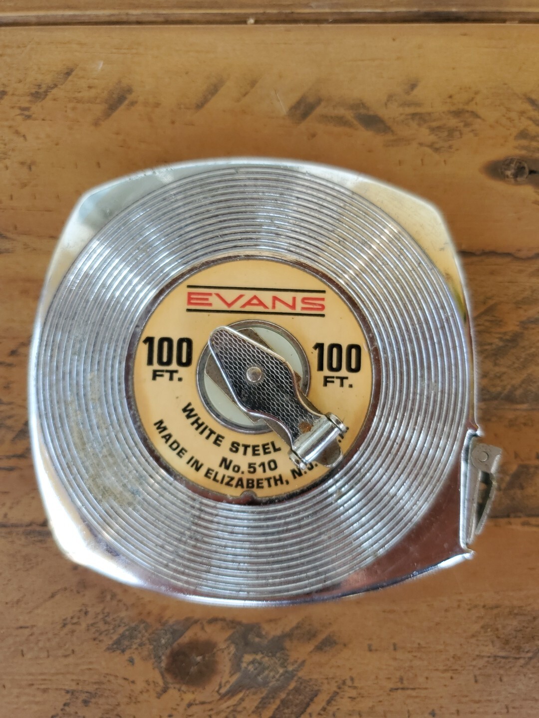 Vintage Evans 100 Foot White Steel Tape Measure No. 510 Manual Retract. USA