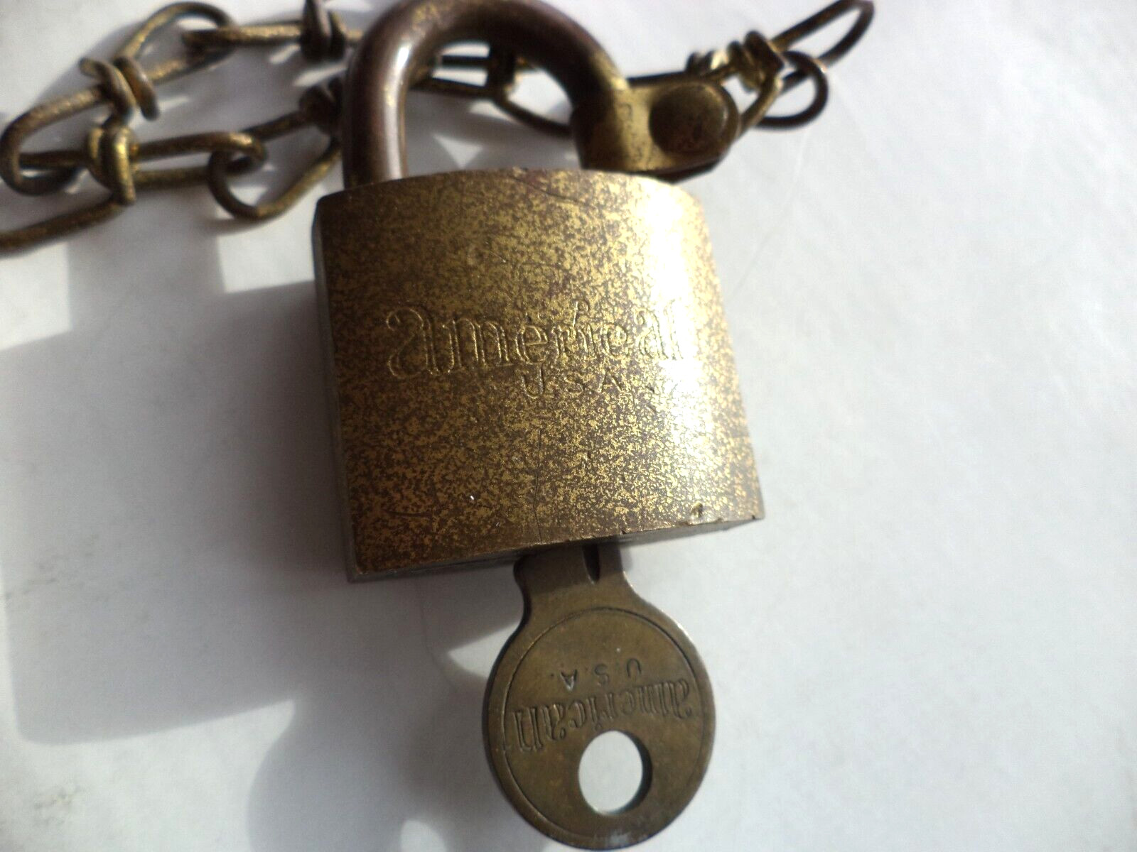 Vtg. American Junkunc Bros US Brass Padlock ,Original Key dated 1913 & Chain