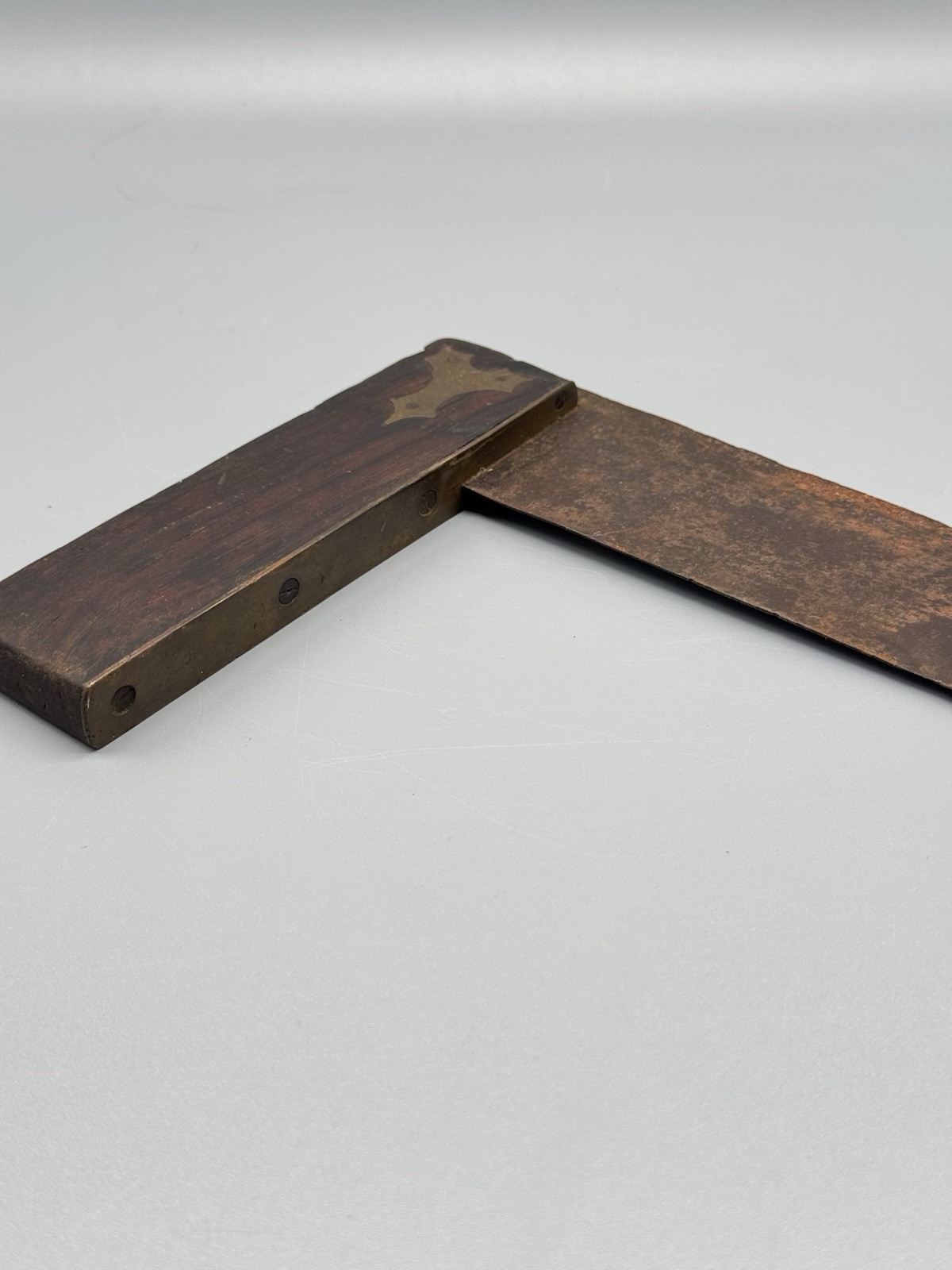 Antique Wood Carpenters Square Brass Inlay Measuring Tool 7.75”