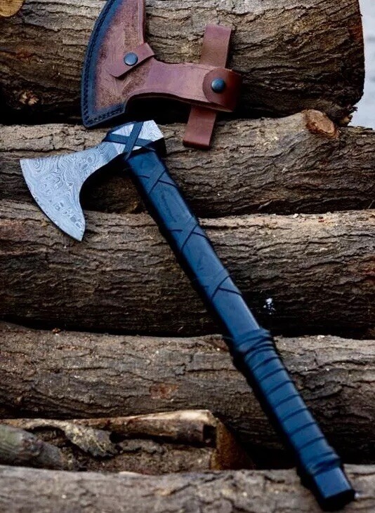 Hand Forged Black Damascus Steel Axe, Axe With Leather Sheath, Ragnar Axe gift