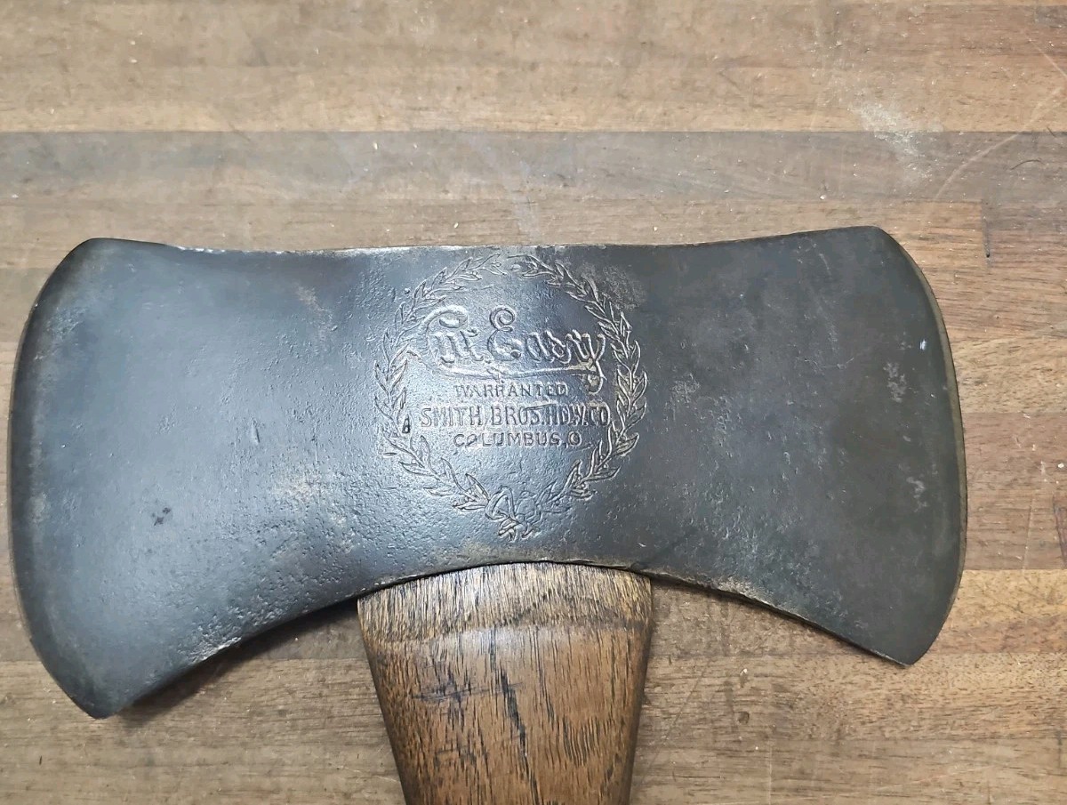 P81- antique Smith Bros Cut Easy Double Bit Axe Wreath Embossed Axe Columbus OH