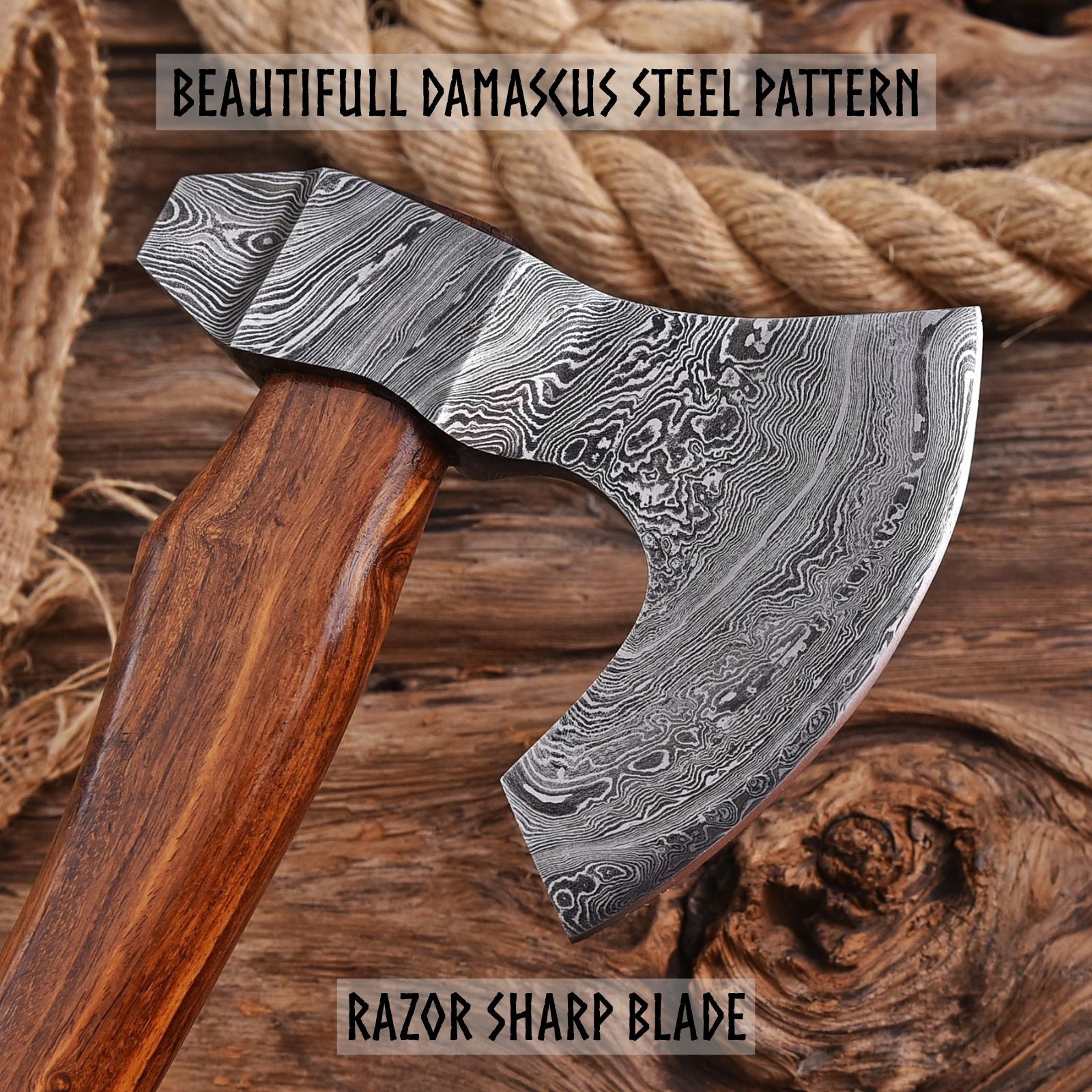 Outdoor Bushcraft Axe Damascus Steel Head with Cover Viking Survival Hatchet