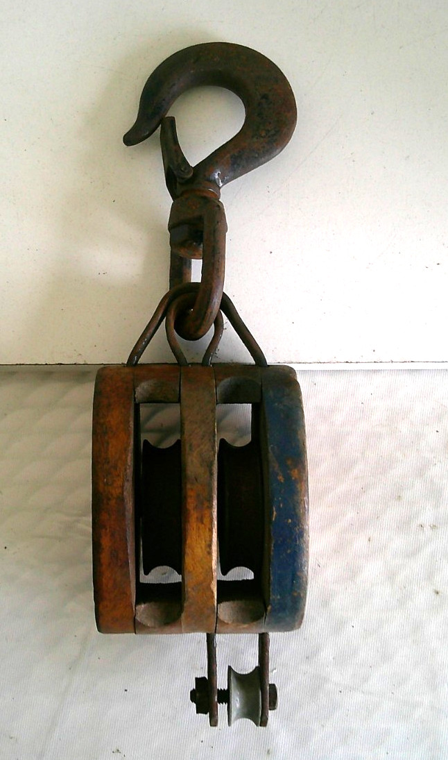 Vintage Steel & Wooden double Pulley Antique Old Farm Rope Barn Pulley