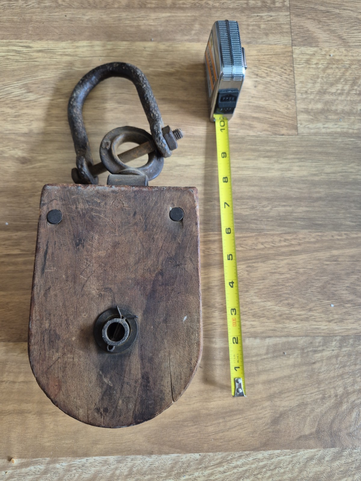 Myers Antique Vintage Wood Block And Tackle Pulley With Metal eye U Bolt