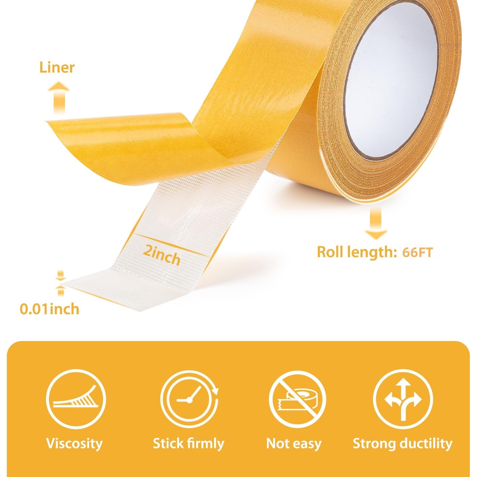 Double Sided Tape Heavy Duty, 2 Inch x 66 Feet Fiberglass Mesh Double Stick A…