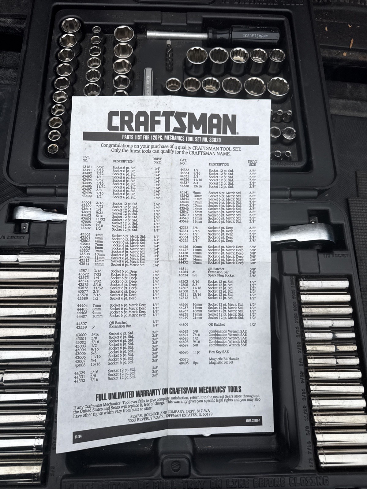 Rare Sears Craftsman USA 120pc Mechanics Tool Set Socket Ratchet 33820 Light Use
