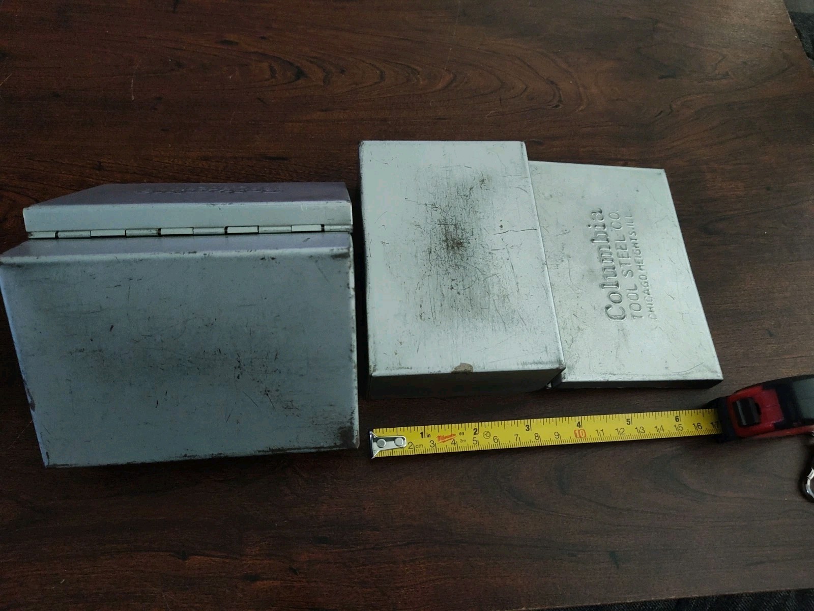 Two 1940-1950 Columbia Tool Steel Co Metal Maxite Bit Box 5×3.5×2 Snap Hinge Lid
