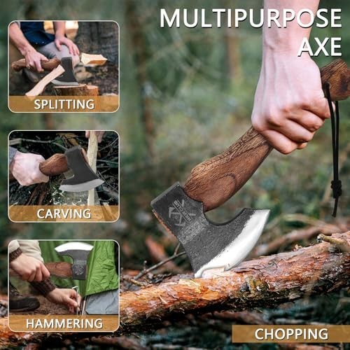 10.7″ Camping Hatchet Axe, High Carbon Steel, Leather Sheath, Bushcraft Tool for