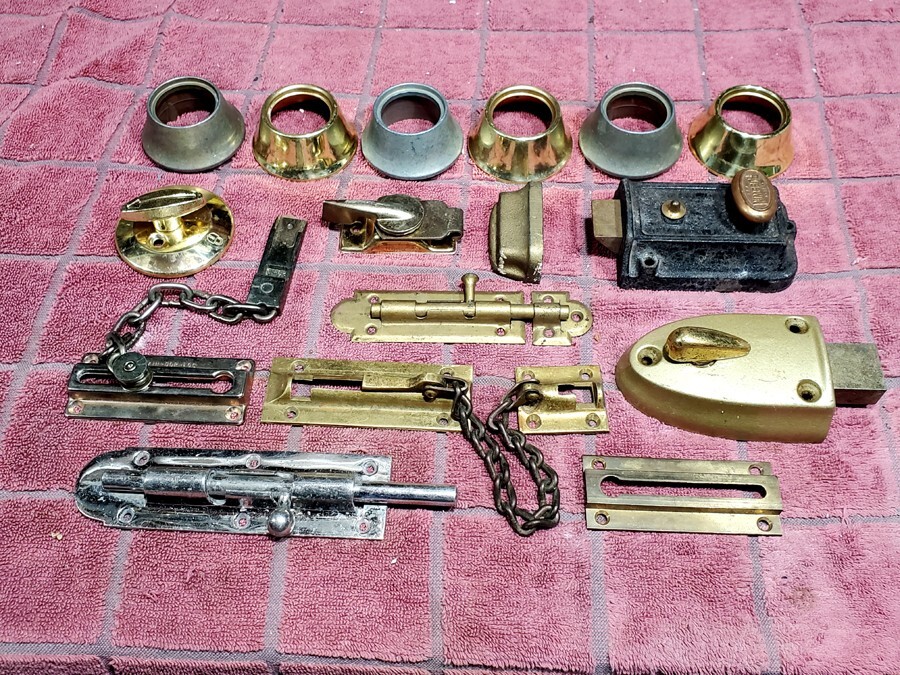 Assorted Brass Finish Locks & Parts – Dead Bolt Collars Knobs Door Slide Chain
