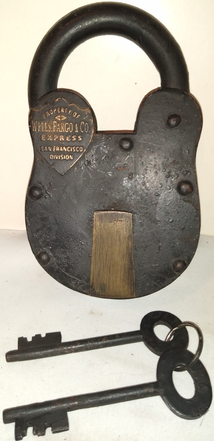 ANTIQUE WELLS FARGO EXPRESS STRONG BOX PADLOCK & KEYS CAST IRON WORKS