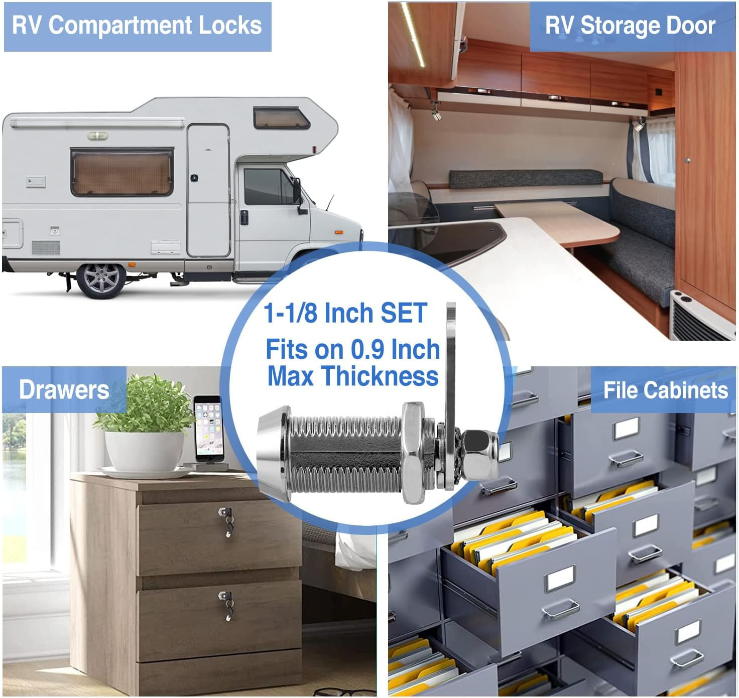 Cam Lock RV Storage Locks Keyed Alike, 1-1/8″ Fits on 7/8″ Max Door Thickness, R