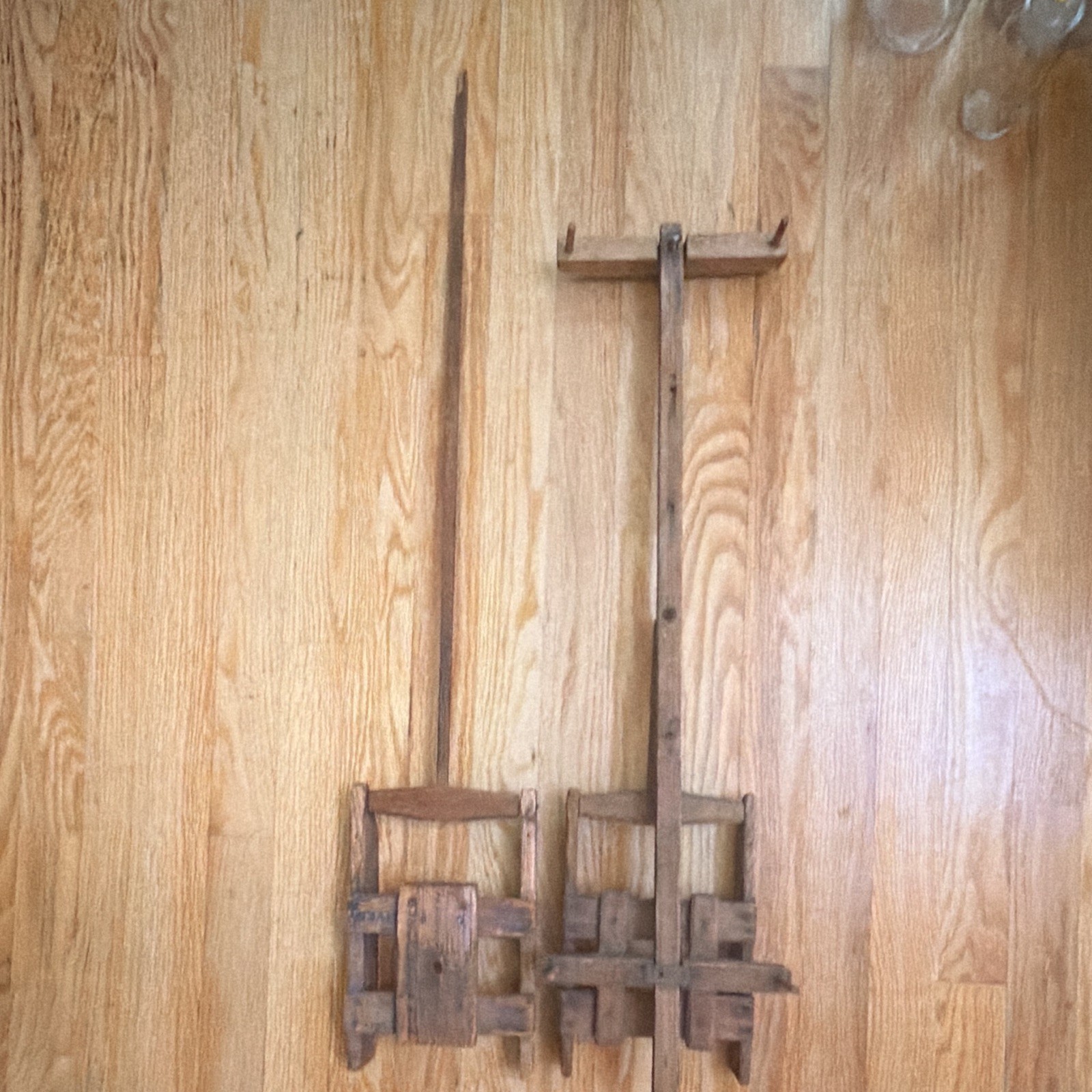 2 – Antique 19th C. Primitive Wooden Ratcheting Candle Stands – Sawtooth Sliders