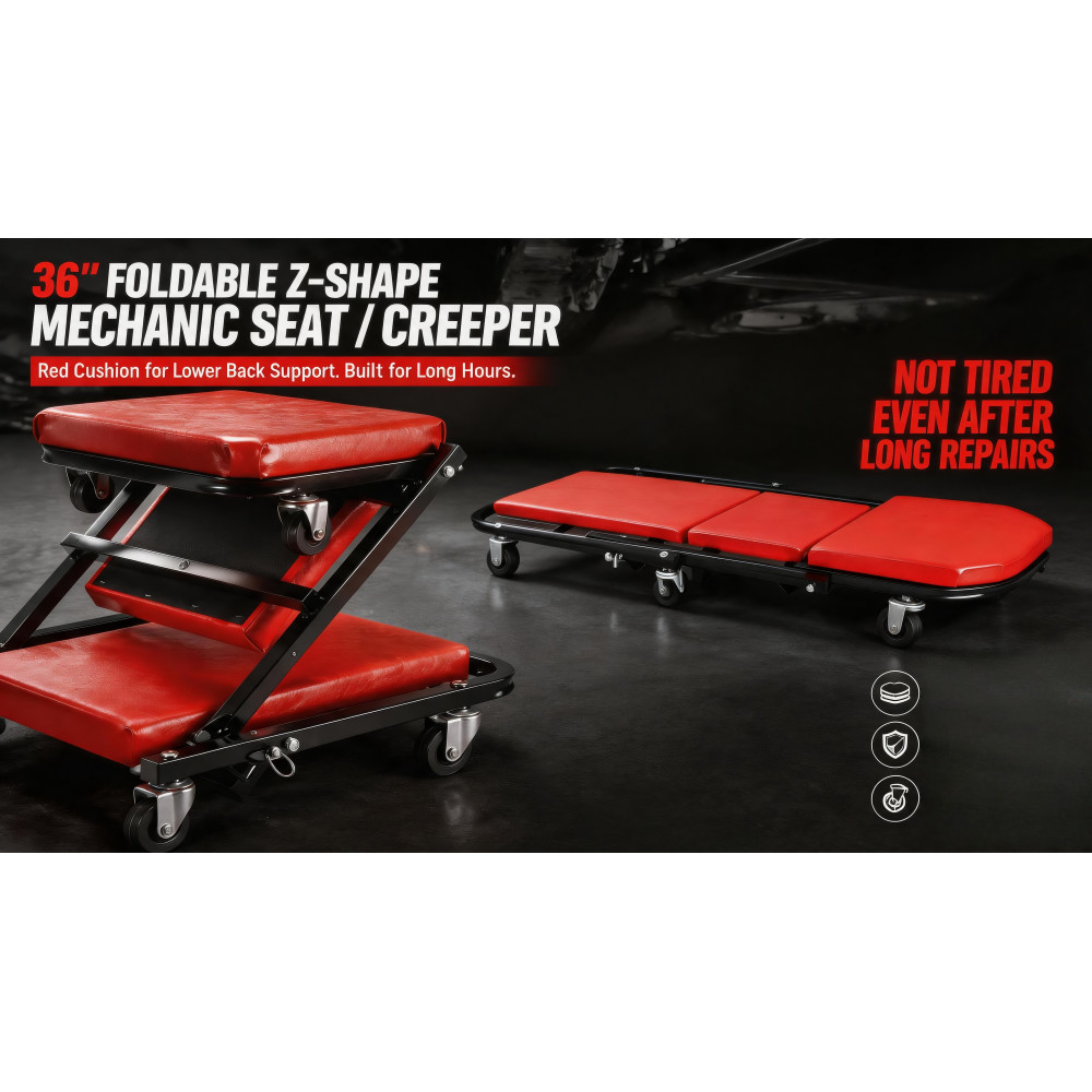 Heavy Duty Z-Shaped Rolling Mechanic Seat, Adjustable Padded Wheel Stool