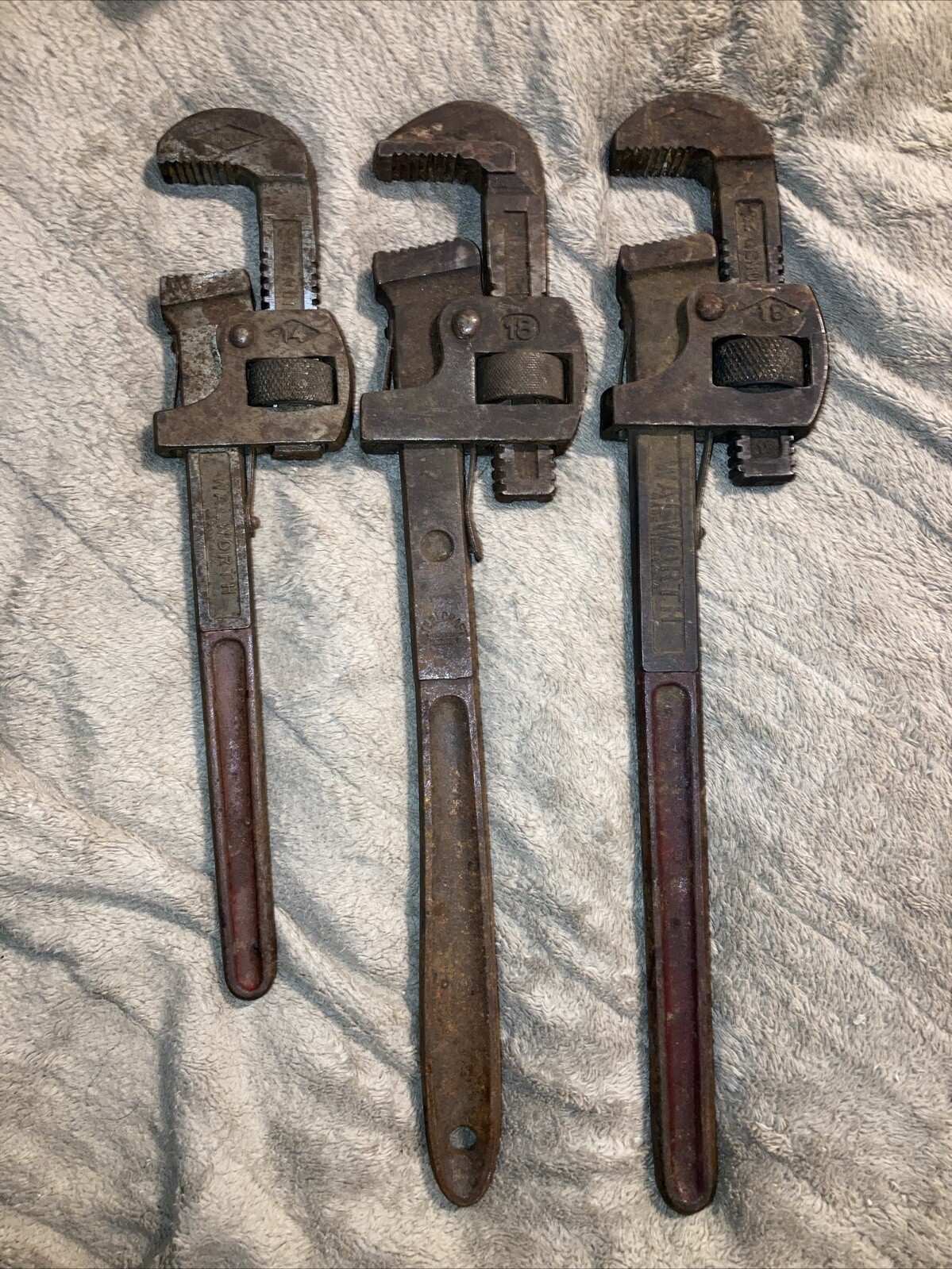 (3)Vintage Pipe Wrenches-14″+18″Walworths+18″ SteelCraft Adjustable Heavy Duty