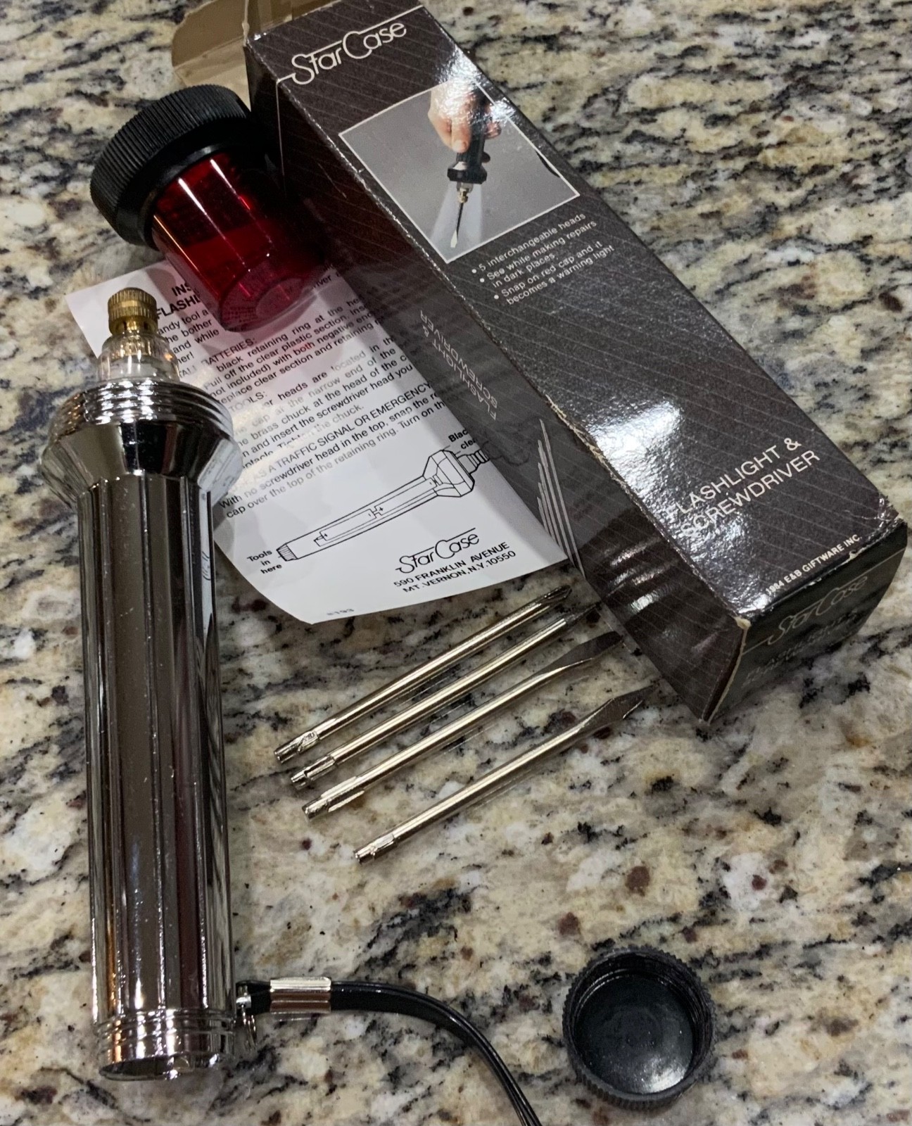 Vintage Star Case Red Top Chrome Flash Light & Screwdriver 1980’s New Open Box