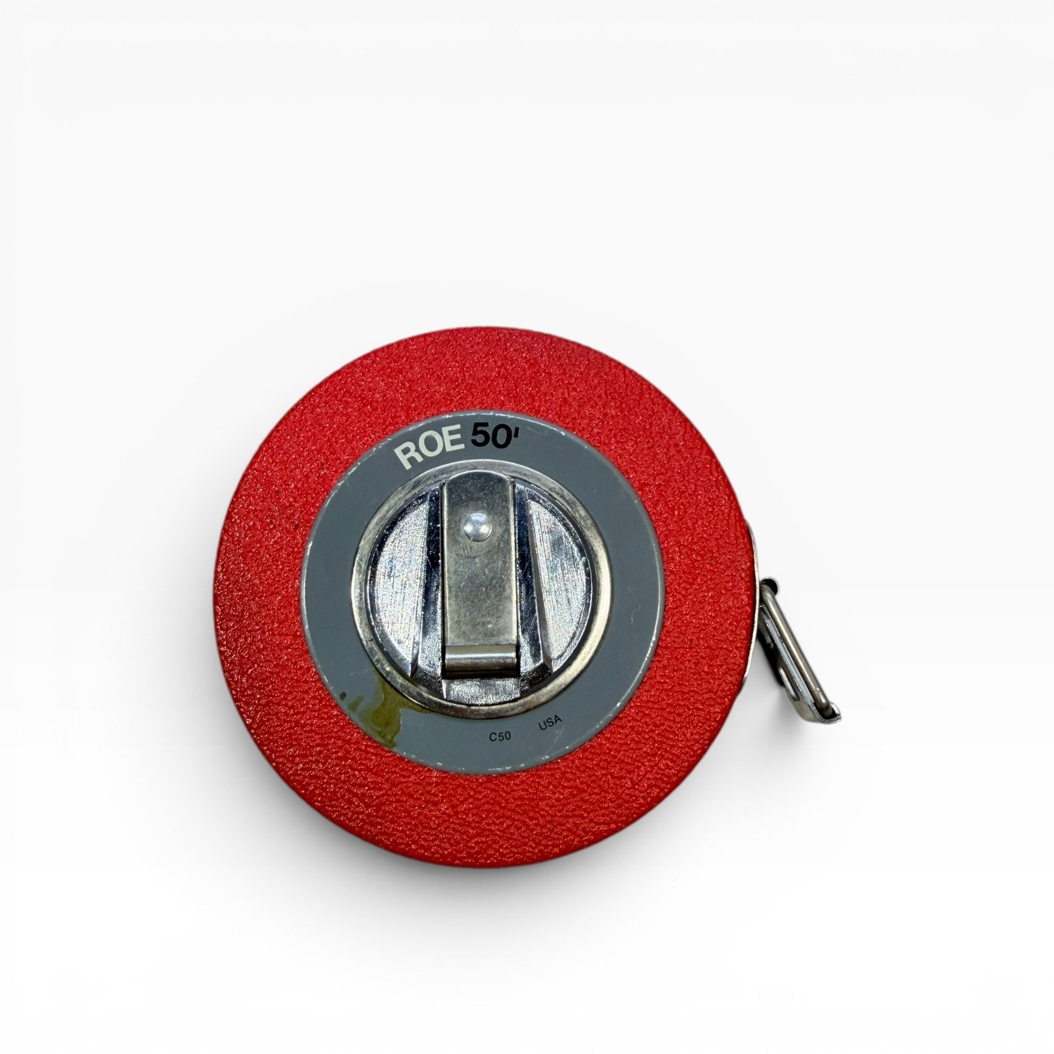 Vintage Roe C50 50 Ft Steel Tape Measure Red Hand Crank USA, 1960s-70s