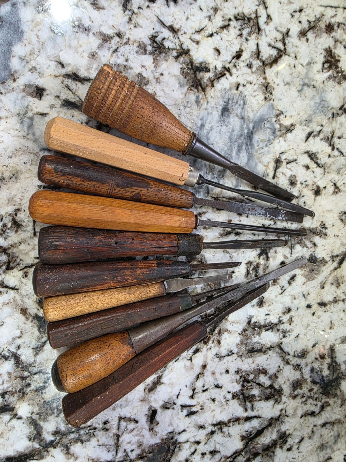 Vintage antique Wood Carving Chisel Set Of 10 wood Handle