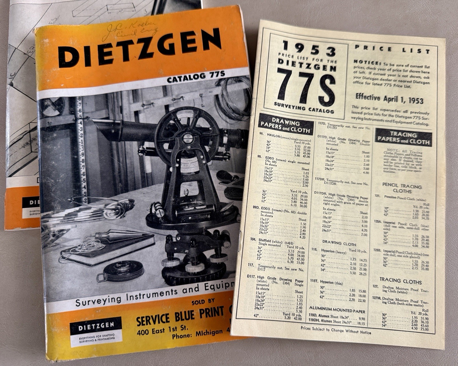Lot 2 Dietzgen 1953 Catalogs Surveying Equipment 77S & Drafting Instruments 22D
