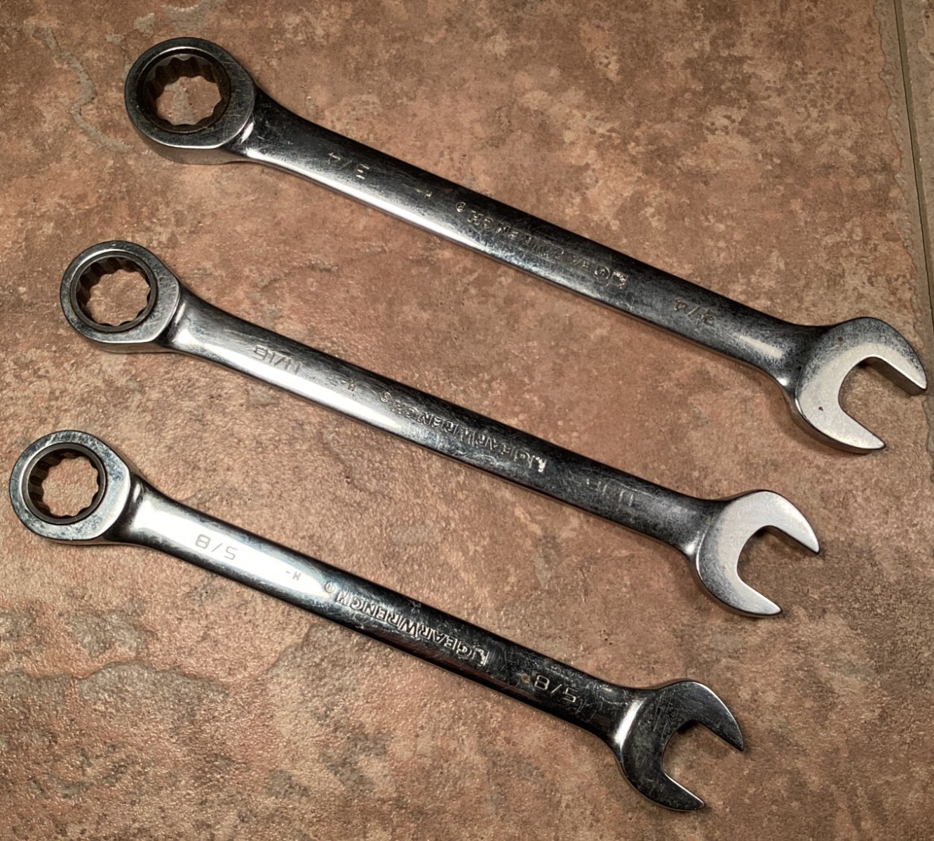 Vintage Gear Wrench Set of 3 SAE Combination Open End and Ratcheting Wrenches
