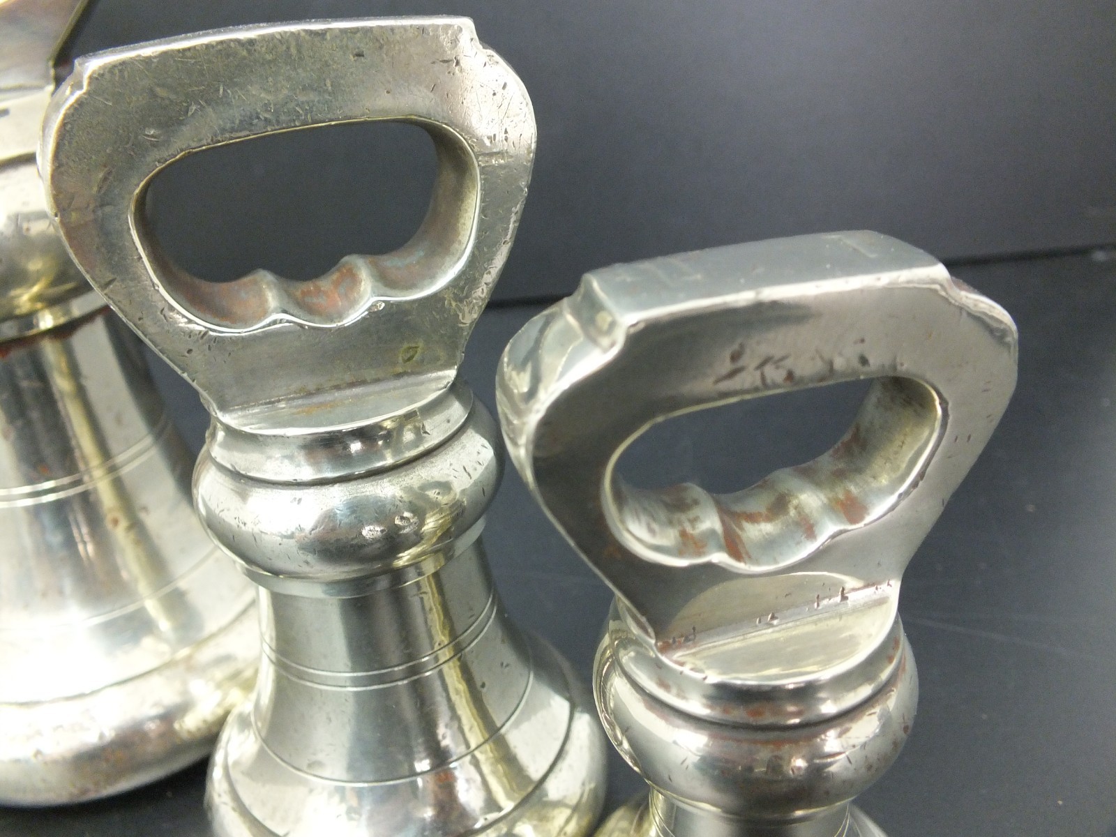 SET OF 4 VINTAGE NICKEL SILVER BELL WEIGHTS 7 LB 4LB 2LB 1LB STAMPED GR