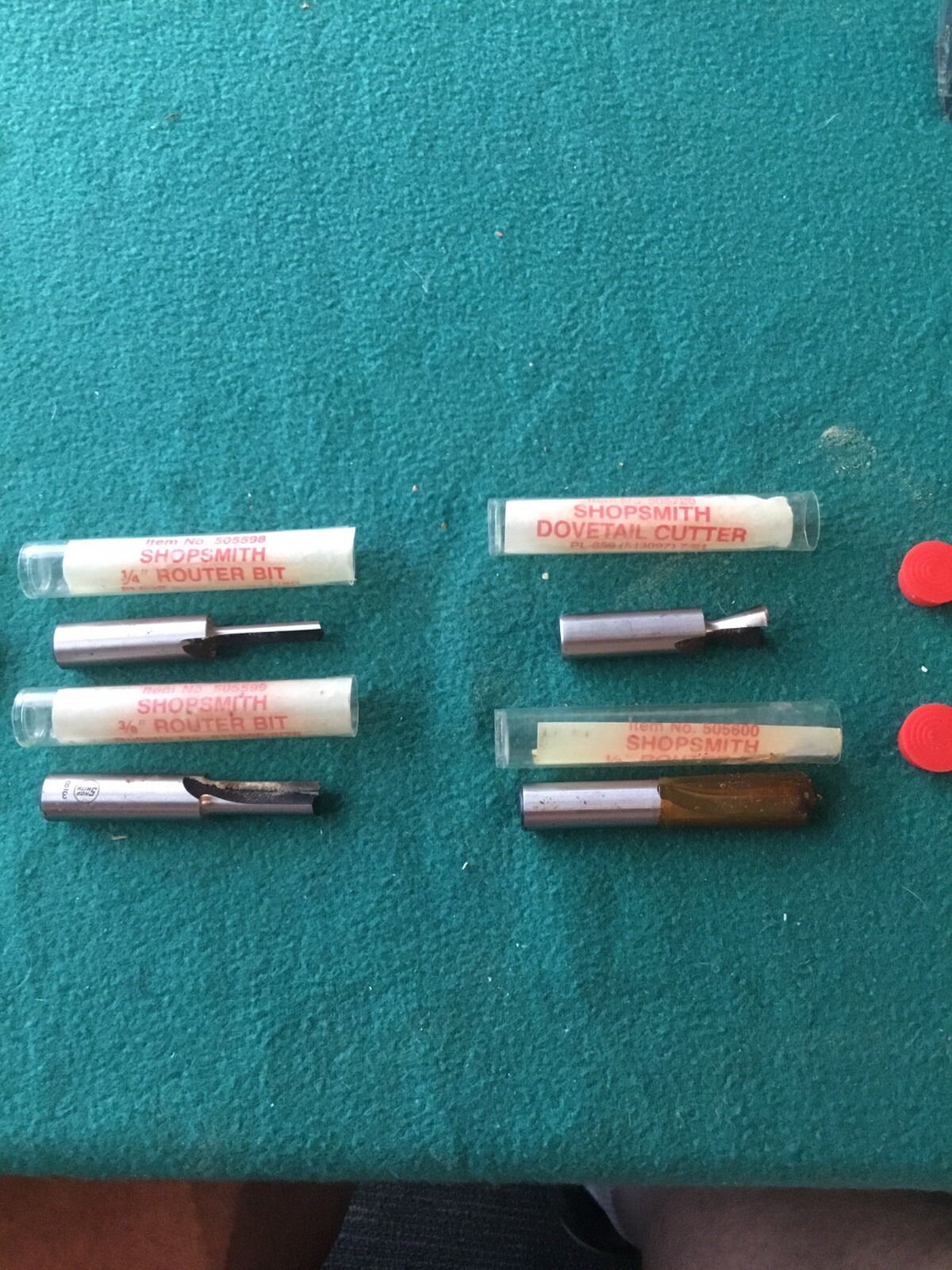3 Vintage Shopsmith Router Bits 1/2″ Shank – 1/4″ 3/8″ 1/2” Plus Dove Cutter ￼