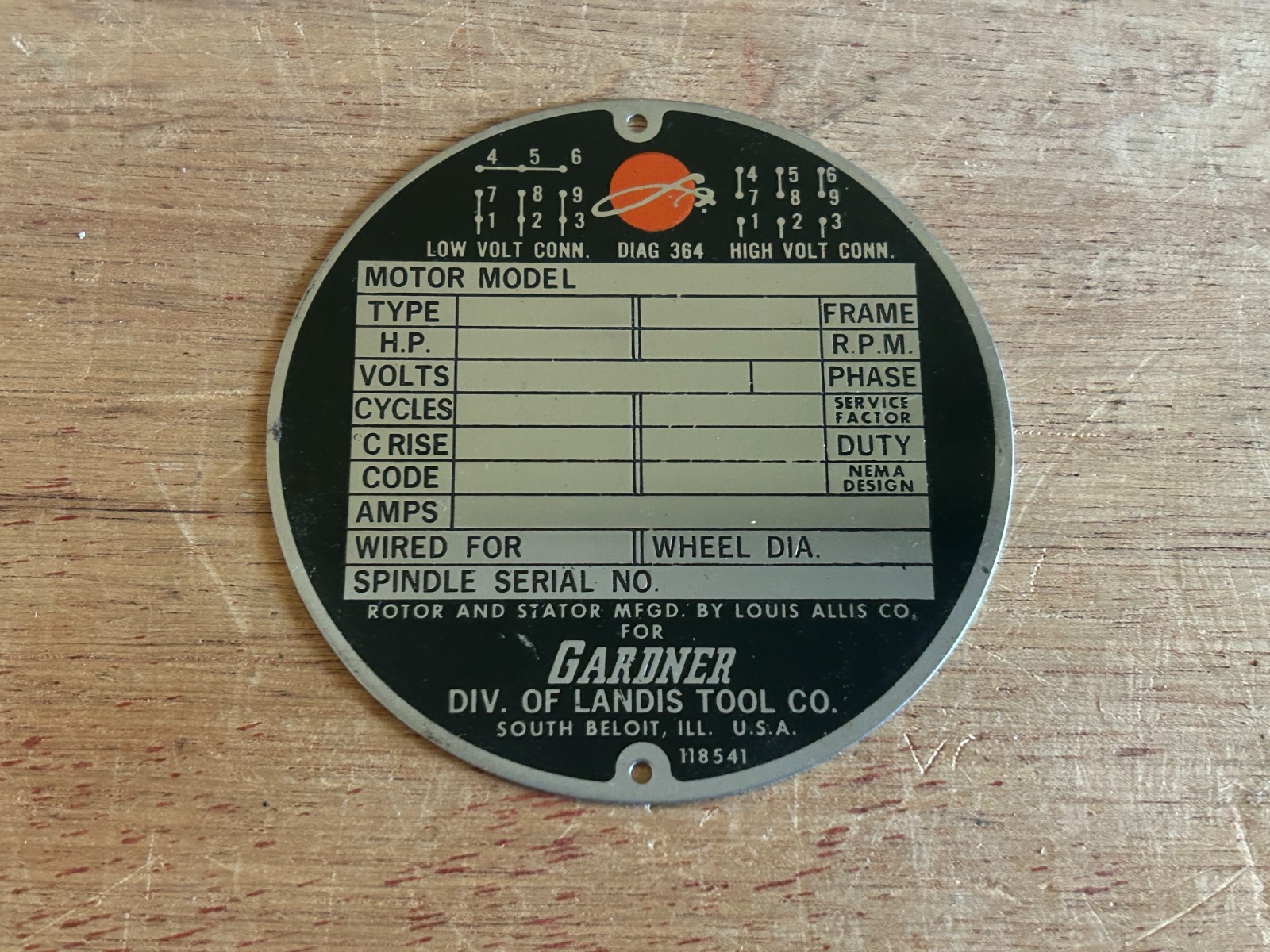 Gardner Landis Tools Machine Motor Tag Plate 3-1/4″ South Beloit IL Vintage