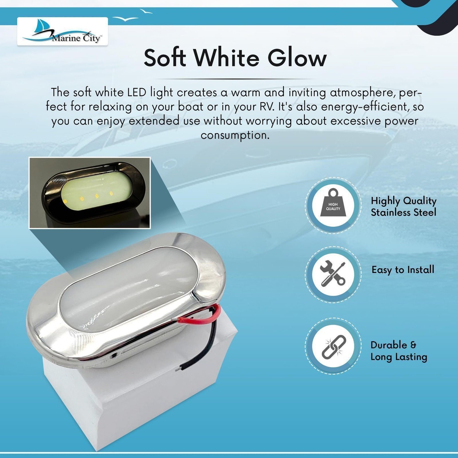 MARINE CITY IP66 LED Oval Courtesy Light – 24V 1.5W Stainless Steel Soft White