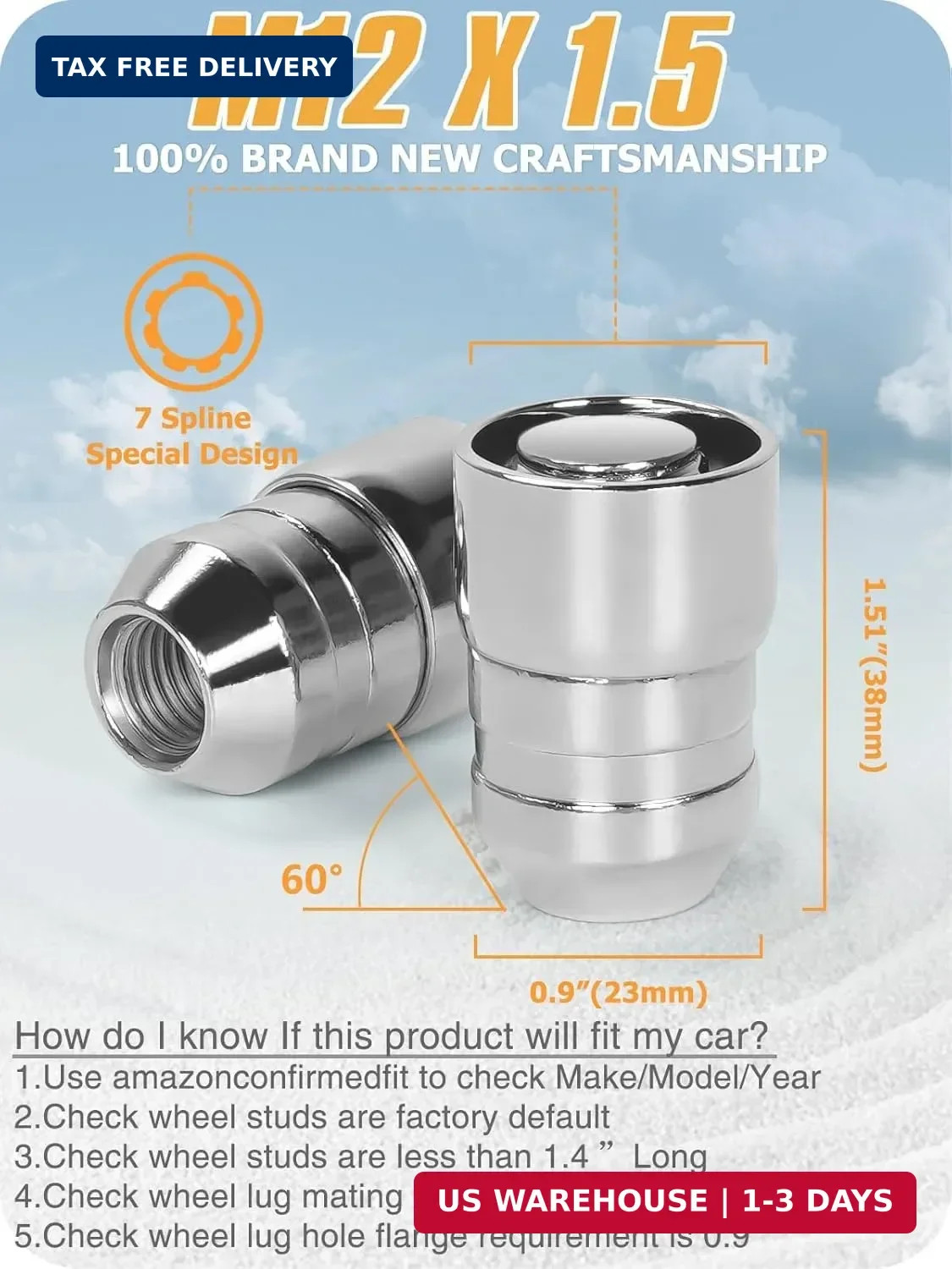 M12x1.5 Wheel Locking Lug Nuts, Chrome 1.5″ Length Cone Seat Wheel Tire