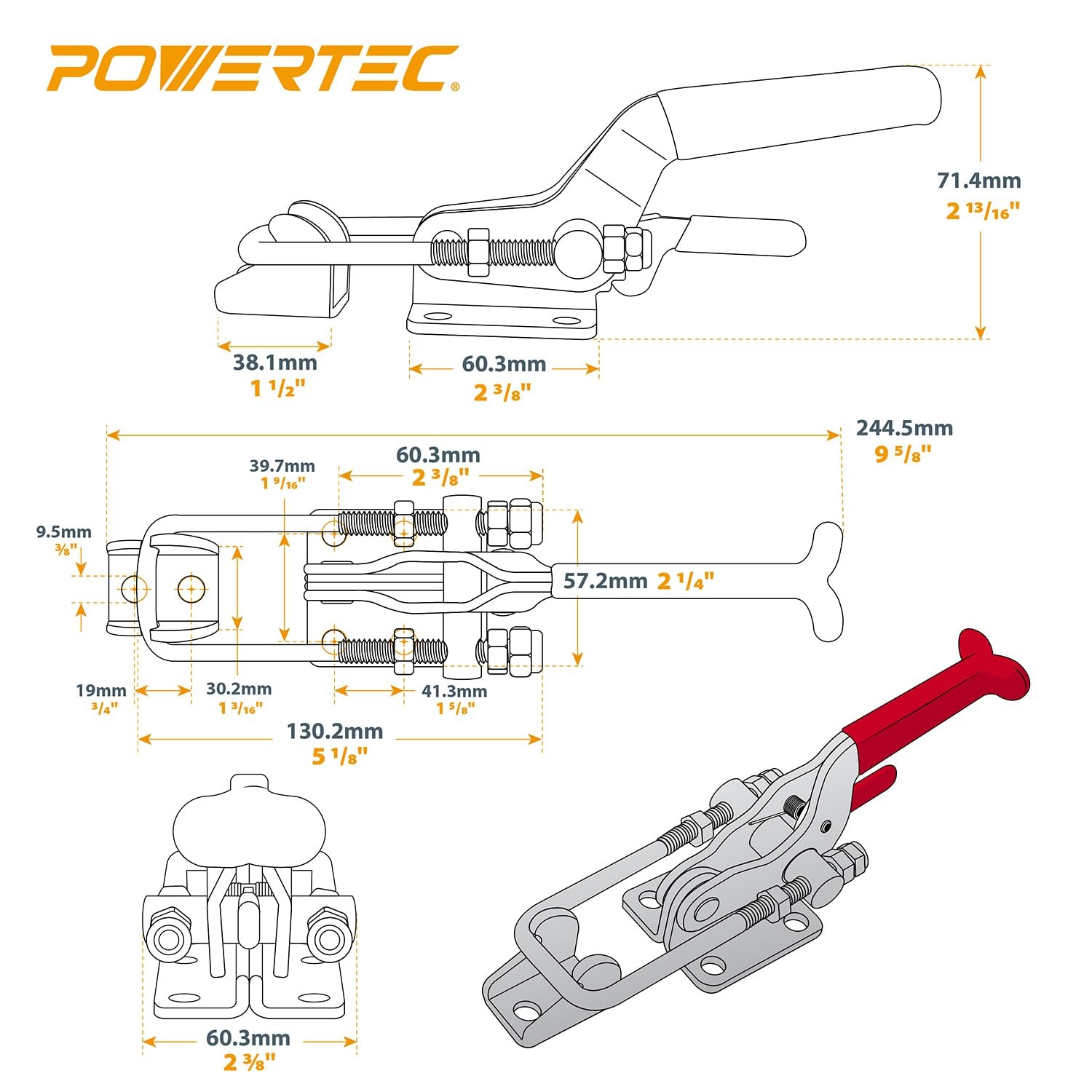 POWERTEC 2PK Toggle Clamp, 2000 lbs Holding Capacity, 40341 Pack of 2, Sliver