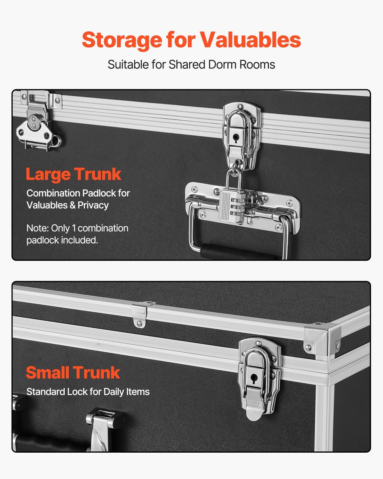Black Metal Storage Chest Set: 32in (600lb) + 24in (33lb), EVA Lining, Locks