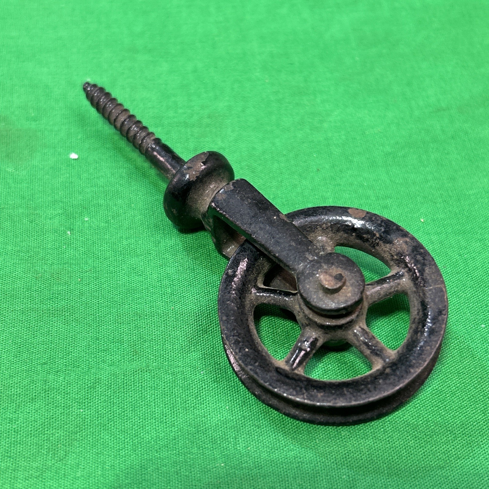 Old Screw Pulley 1 1/2” Wheel Cast Iron Vintage Antique Black Paint Barn Find