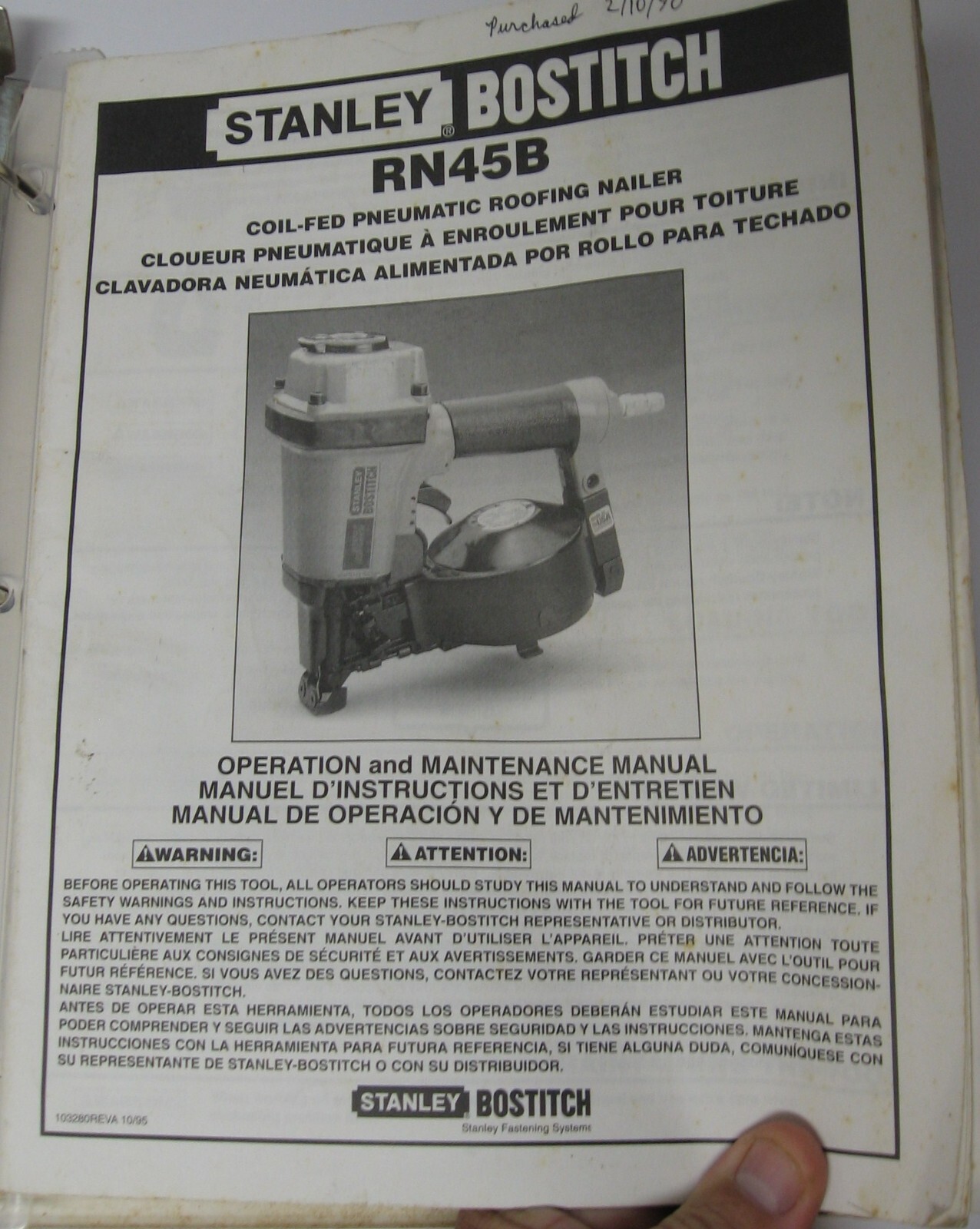 Stanley Bostitch Model RN45B Pneumatic Coil-Fed Roofing Nailer O&M Manual