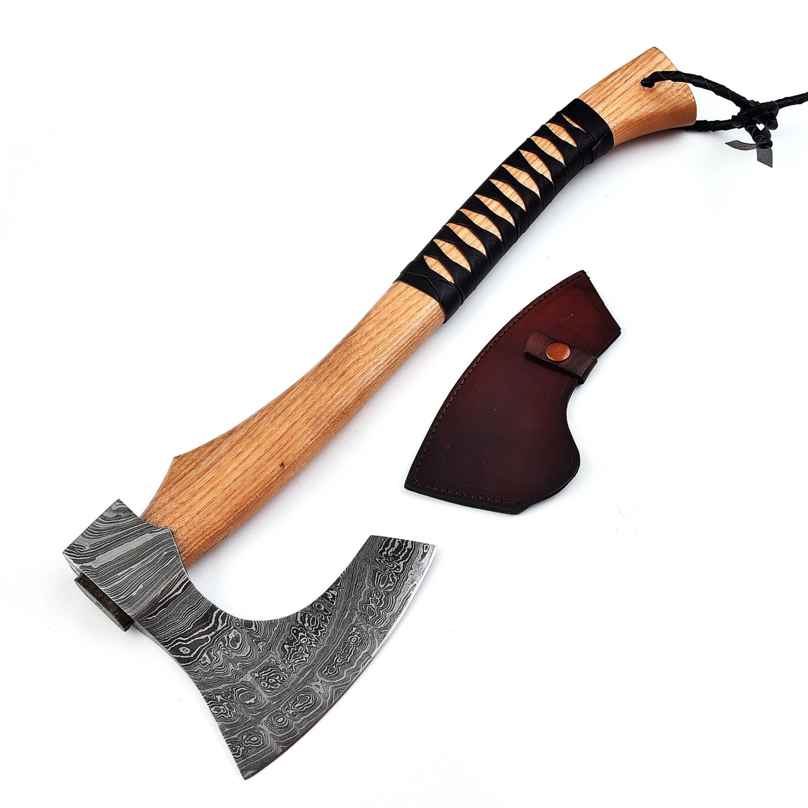 Handmade Damascus Steel Forged Hatched Viking Outdoor axe, Leather Warping