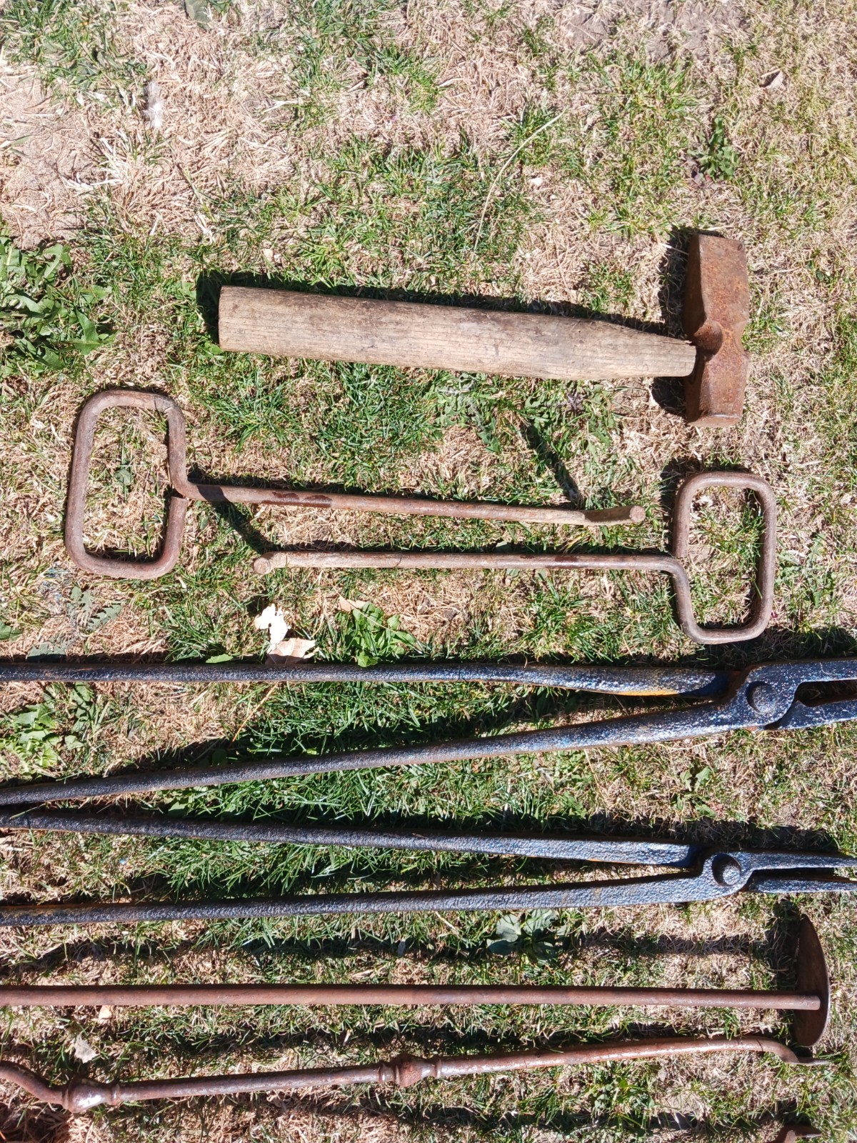 Vintage Blacksmith Tools & Hearth Set Heavy Duty Tongs, Lump Hammers, Fire Poker