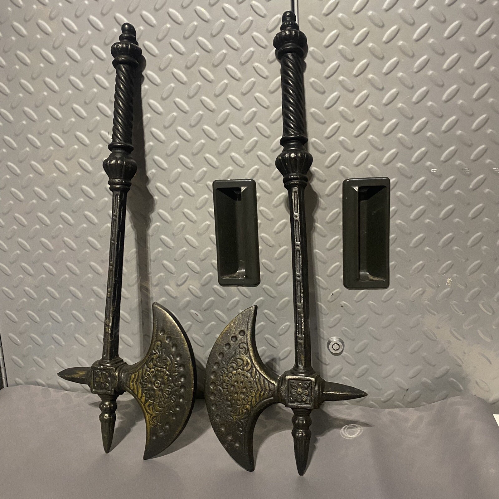 2 Vintage Cast Aluminum Medieval Hatchet Axes Gothic Renaissance Fair Left&Right