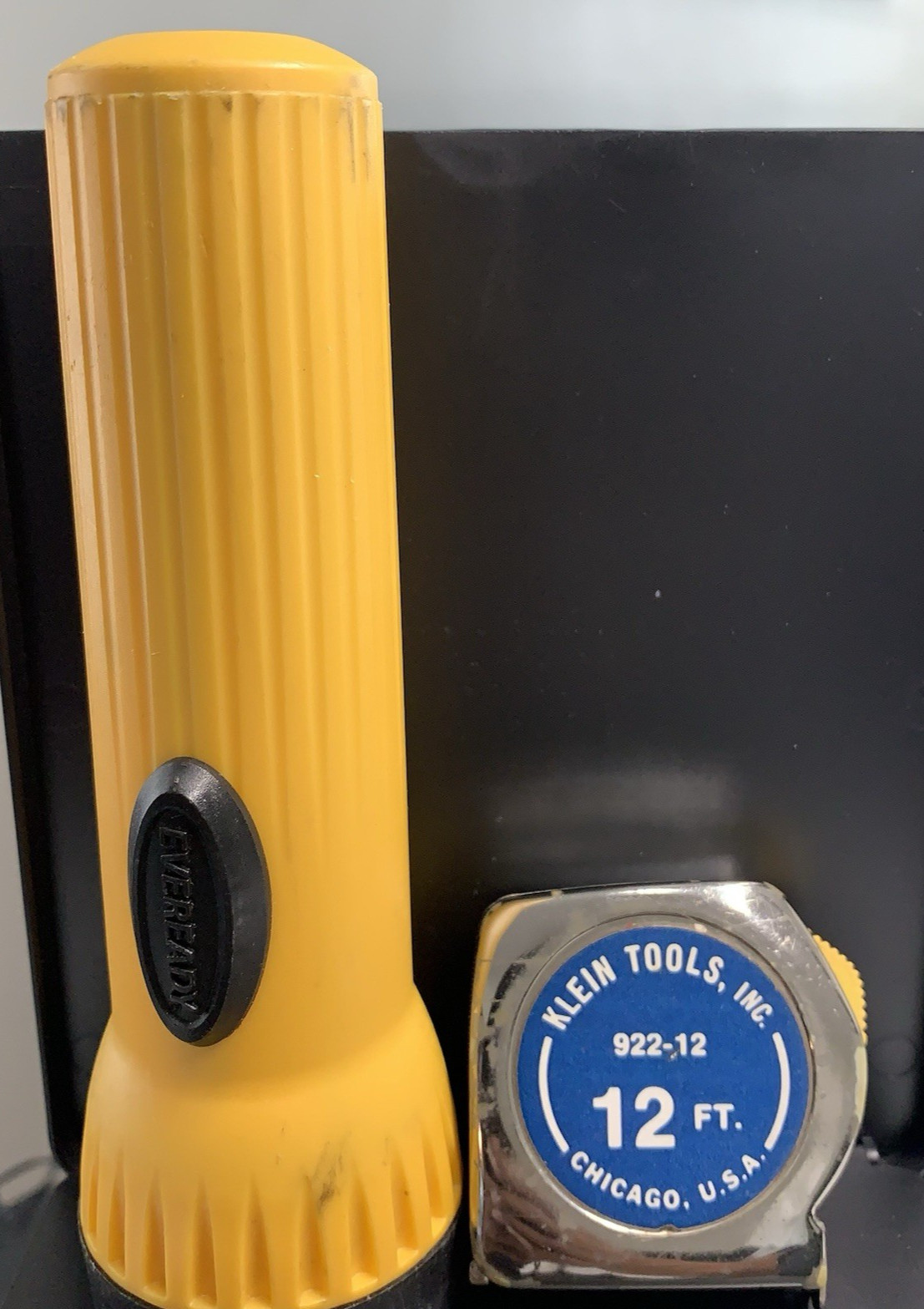 2Pc USA Tool Set MKlein 12 Ft Tape Measure & Eveready Yellow Plastic Flashlight