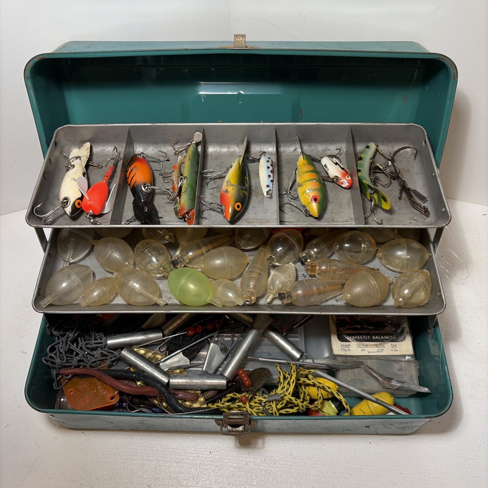 Vintage Liberty Steel Teal Green Metal Tackle Tool Box w Embossed Ruler + Extras